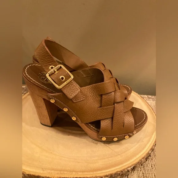 Tory Burch Brown Woven Leather Chunky Wooden Platform Heel Jodie Sandal size 8.5